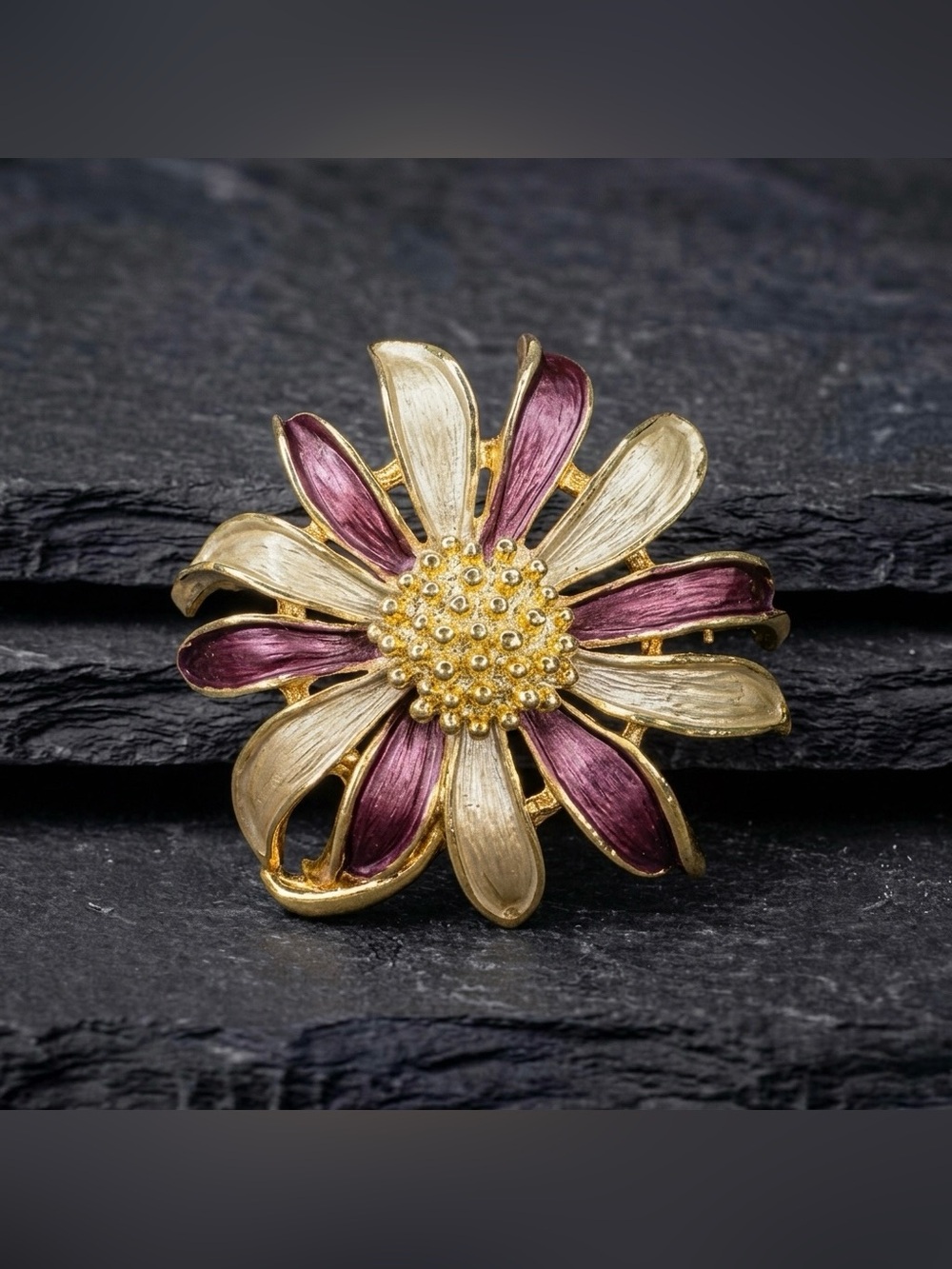 Vintage 70s Purple Cream Enamel Flower Gold Tone Statement Brooch Pendant MOD